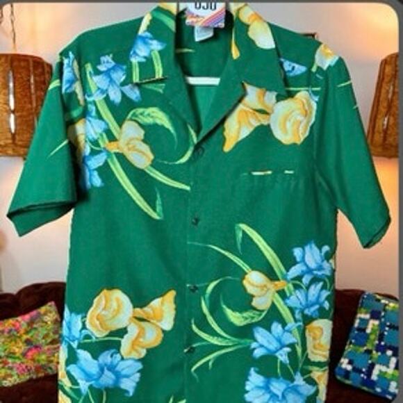 Vintage 60s/70s Greenecastle Green Floral Tropical Short Sleeve Men's Shirt Med - Picture 1 of 6